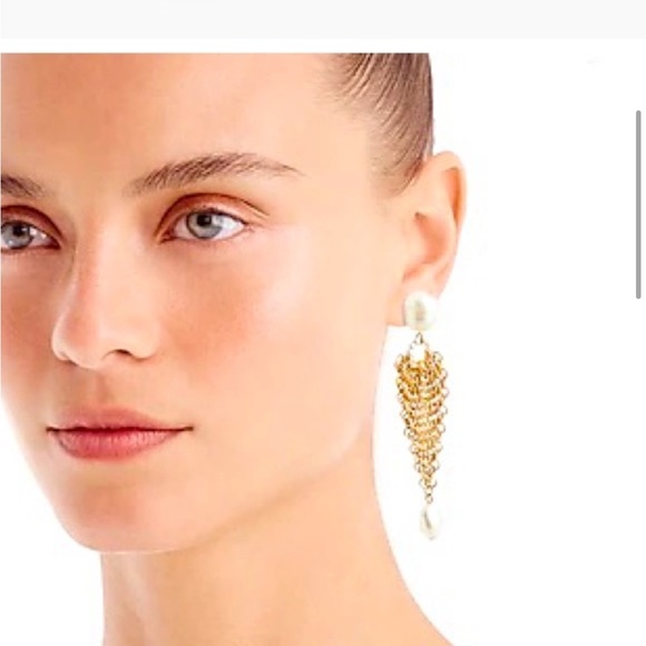 J.CREW Freshwater Pearl Chain Mesh Drop Earrings OS Pearl Gold Finish - Picture 2 of 3